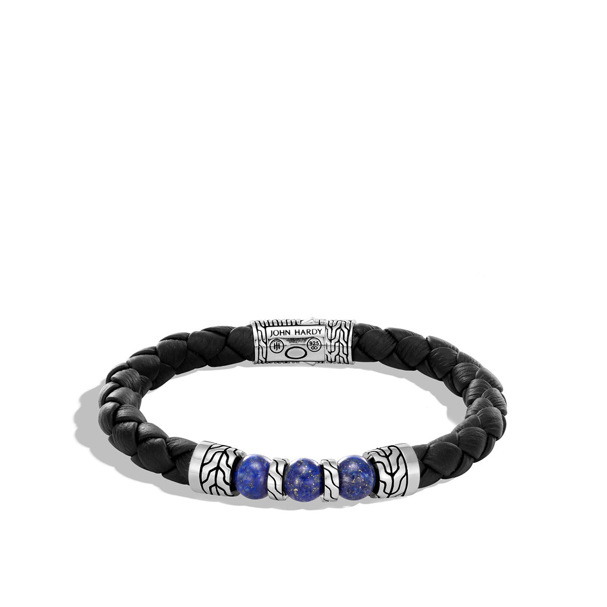 JOHN HARDY, Classic Chain Silver Bracelet on Black Leather with Lapis Lazuli Beads